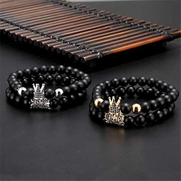 Mens Beaded Bracelets Set 4 Black Matte Onyx Stone Crown Adjustable Jewelry - Picture 5 of 8